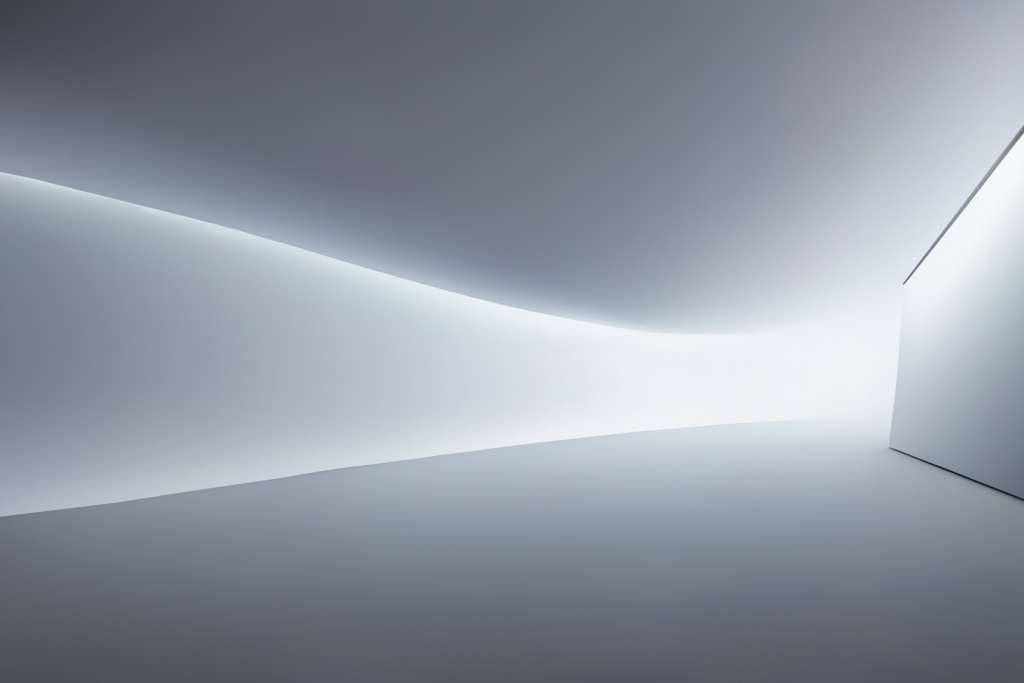 Minimal curved white architectural background with soft, diffused lighting.